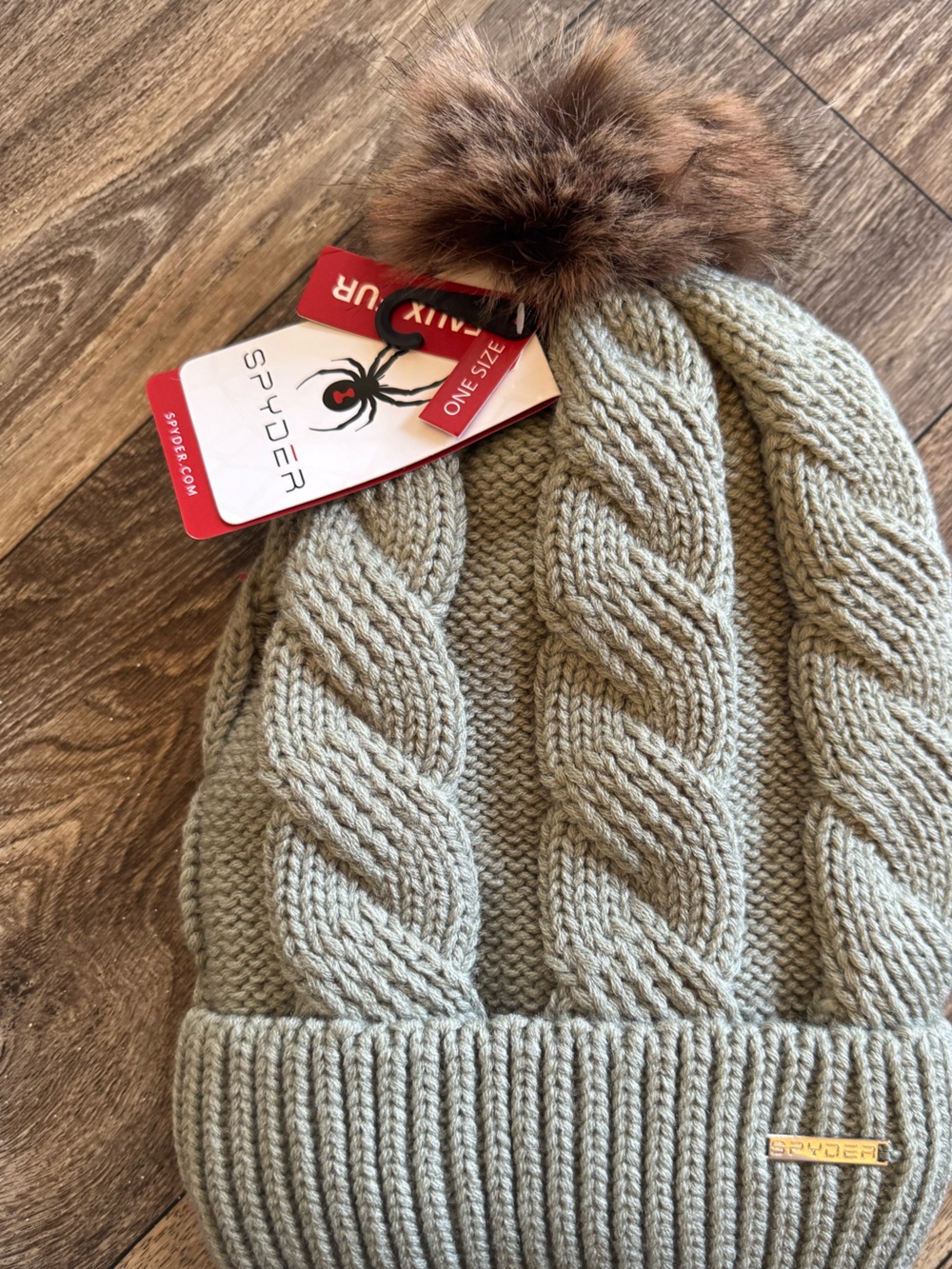 Spyder Olive Green Cable Knit Pom Beanie